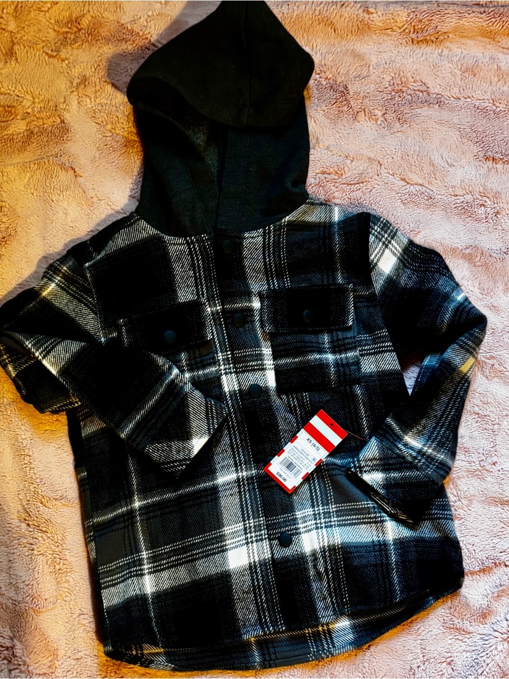 NWT Cat & Jack Hooded Plaid Shacket Jacket XS 4/5 Black Gray